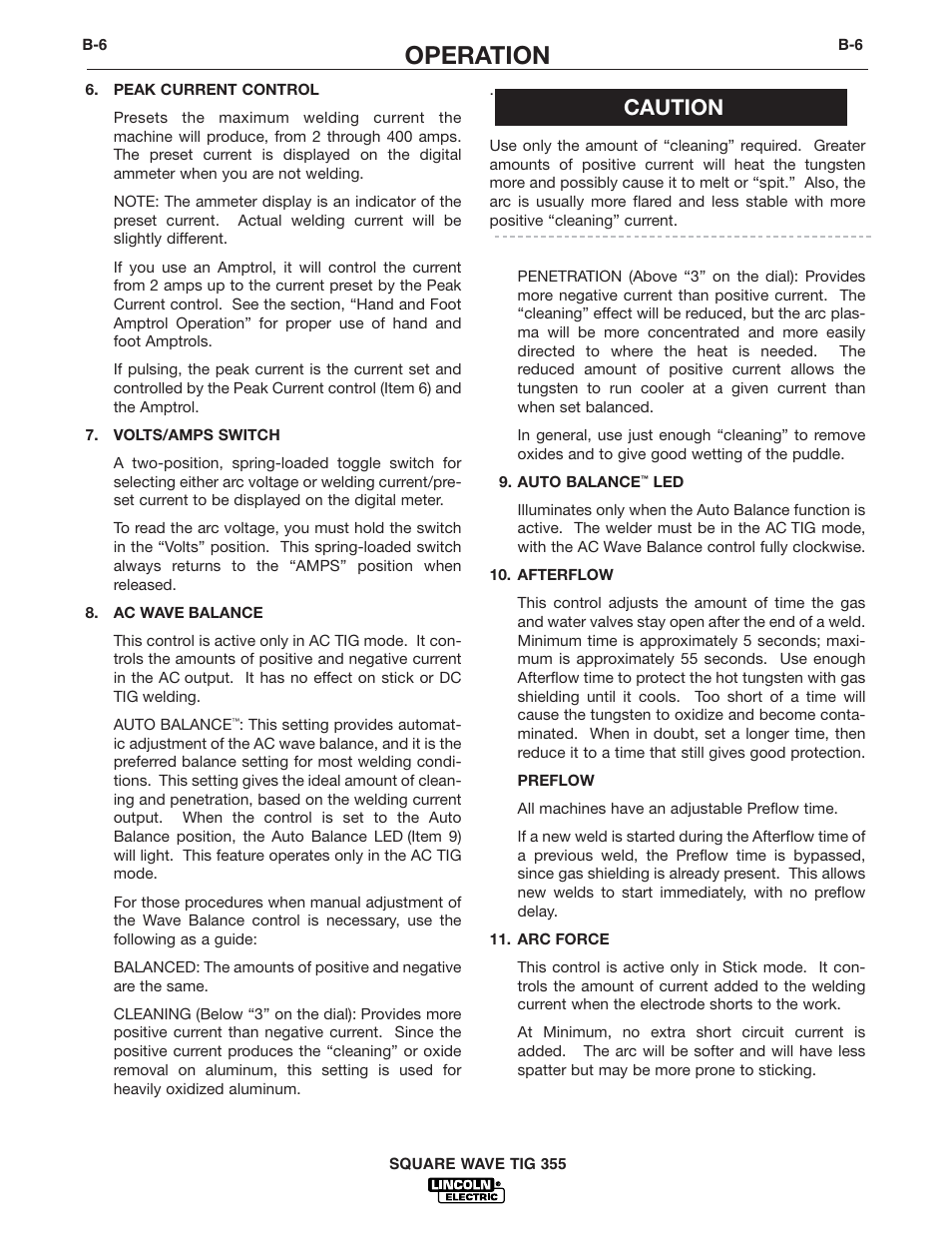 Operation, Caution | Lincoln Electric IM467 SQUARE WAVE TIG 355 User Manual | Page 21 / 52