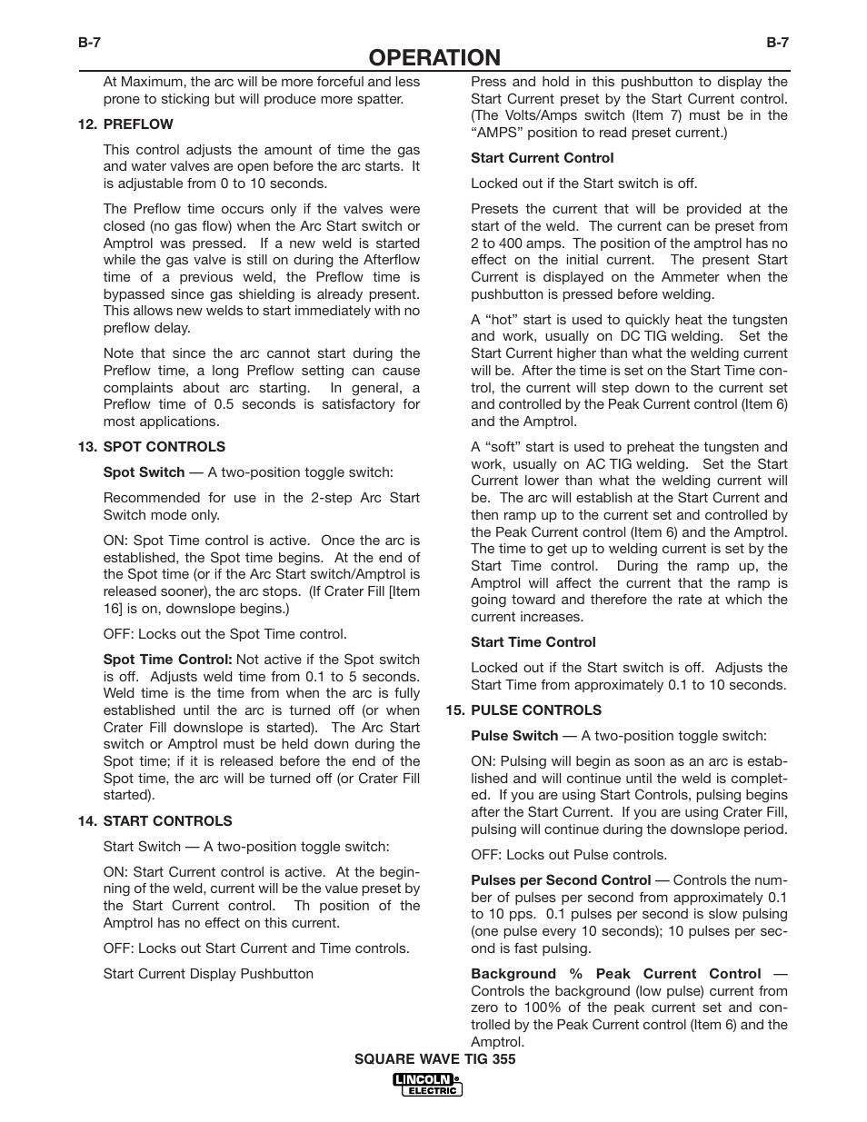 Operation | Lincoln Electric IM467 SQUARE WAVE TIG 355 User Manual | Page 22 / 52