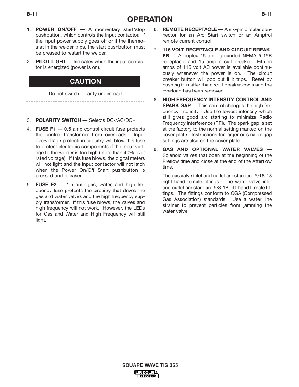 Operation, Caution | Lincoln Electric IM467 SQUARE WAVE TIG 355 User Manual | Page 26 / 52