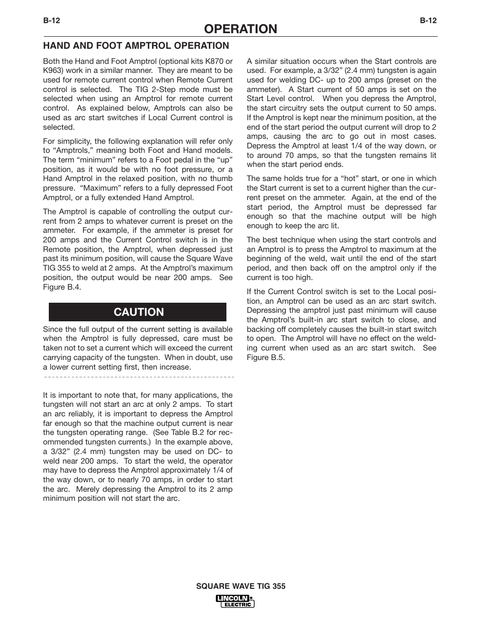 Operation, Caution | Lincoln Electric IM467 SQUARE WAVE TIG 355 User Manual | Page 27 / 52