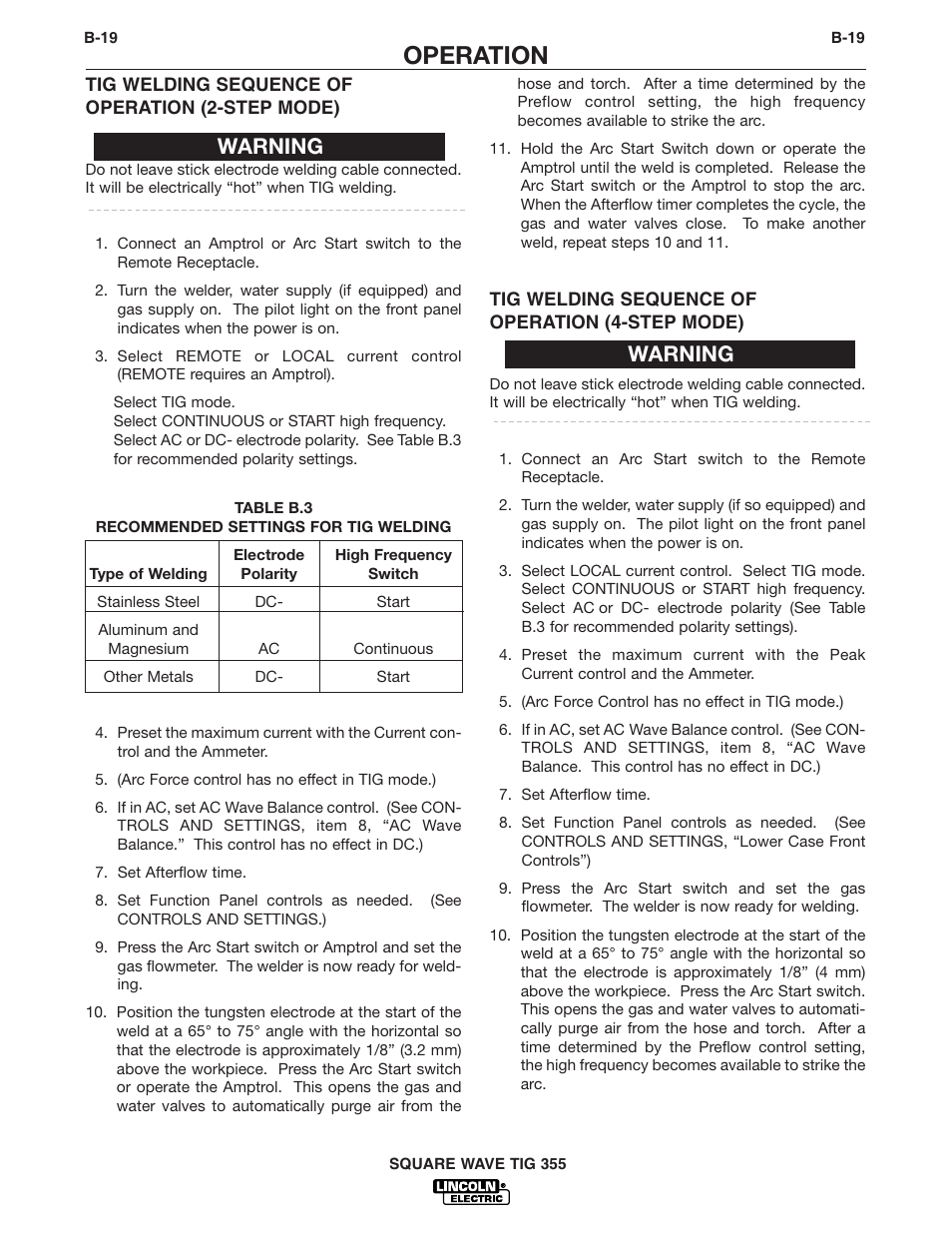 Operation, Warning | Lincoln Electric IM467 SQUARE WAVE TIG 355 User Manual | Page 34 / 52