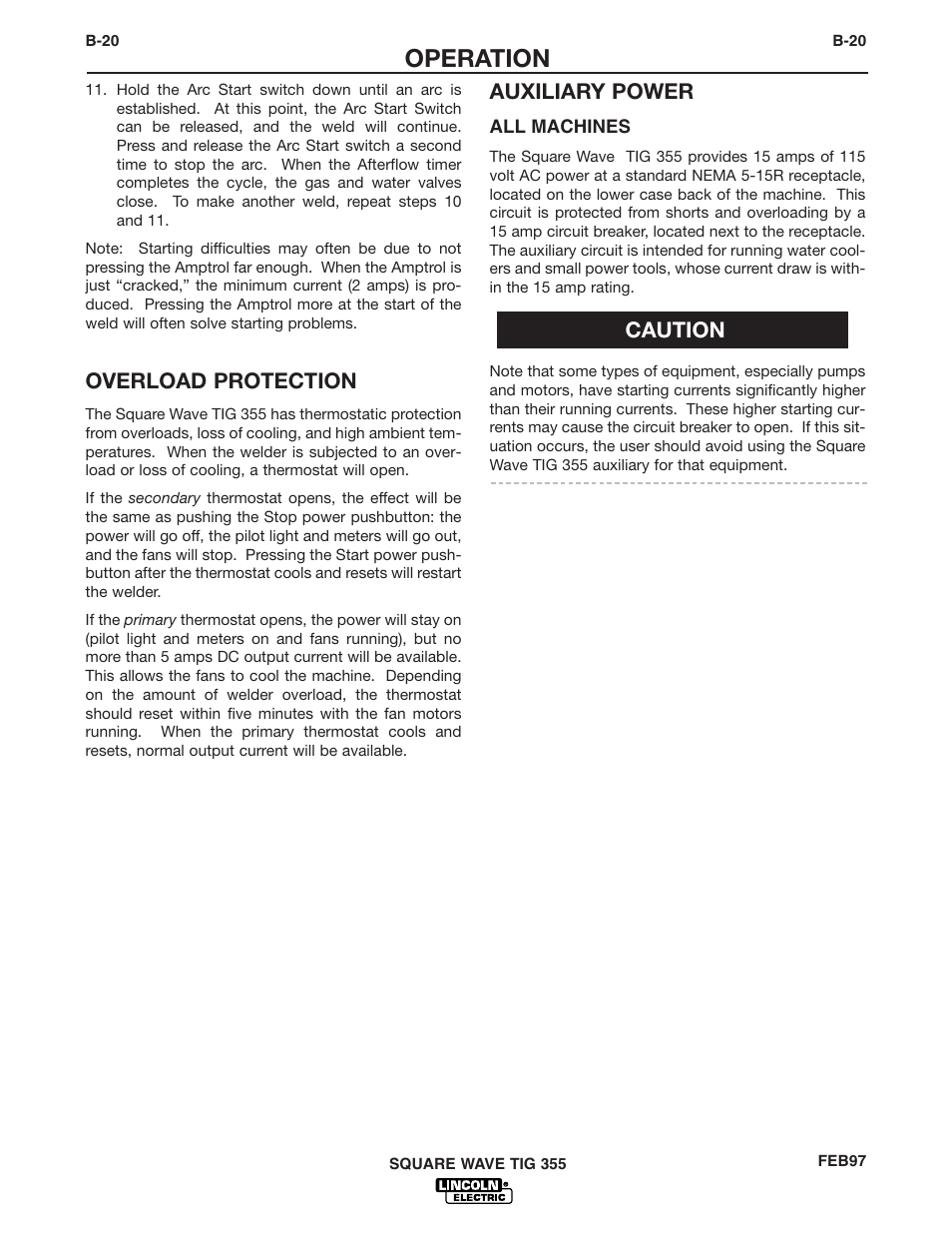 Operation, Overload protection, Auxiliary power | Caution | Lincoln Electric IM467 SQUARE WAVE TIG 355 User Manual | Page 35 / 52