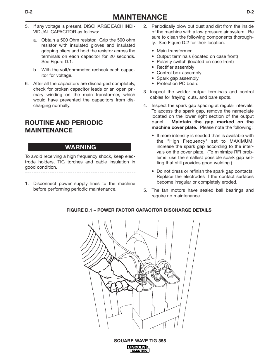 Maintenance, Routine and periodic maintenance, Warning | Lincoln Electric IM467 SQUARE WAVE TIG 355 User Manual | Page 38 / 52