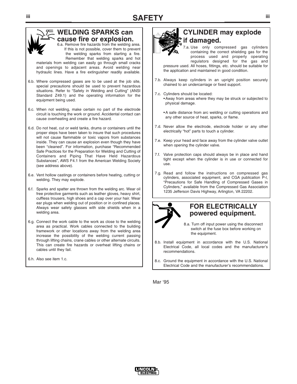 Safety, For electrically powered equipment, Cylinder may explode if damaged | Welding sparks can cause fire or explosion | Lincoln Electric IM467 SQUARE WAVE TIG 355 User Manual | Page 4 / 52
