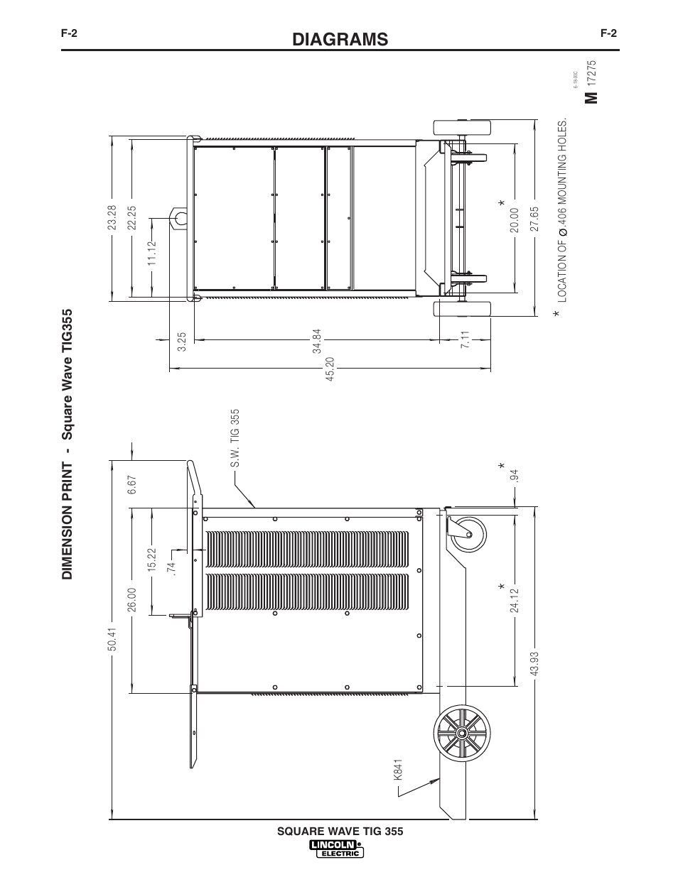 Diagrams, Dimension print - square w ave tig355 | Lincoln Electric IM467 SQUARE WAVE TIG 355 User Manual | Page 47 / 52