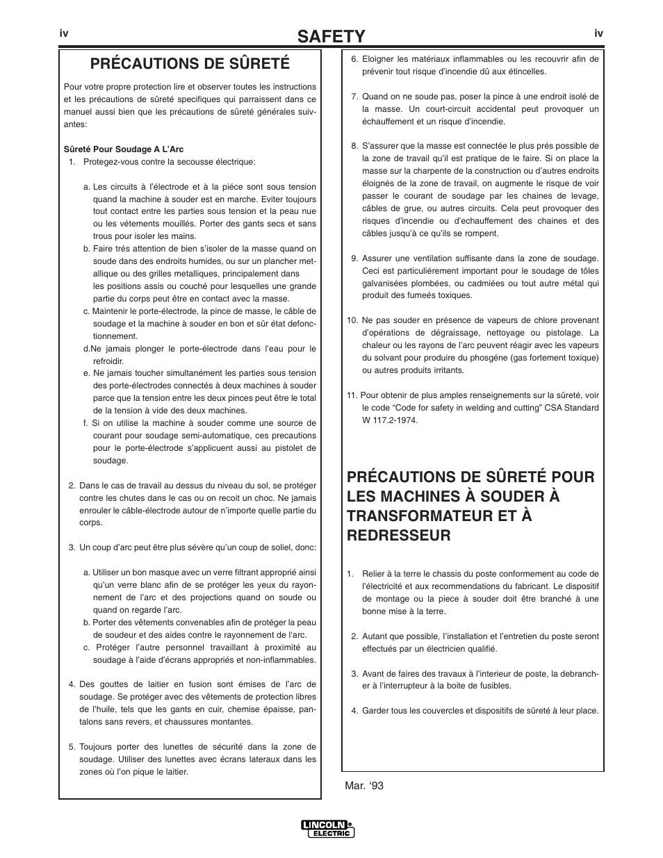 Safety, Précautions de sûreté | Lincoln Electric IM467 SQUARE WAVE TIG 355 User Manual | Page 5 / 52