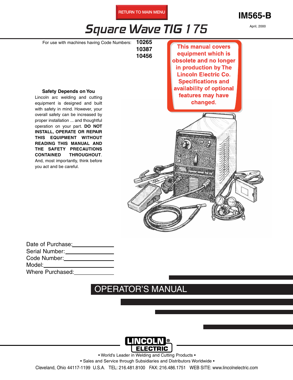 Lincoln Electric IM565 SQUARE WAVE TIG 175 User Manual | 32 pages