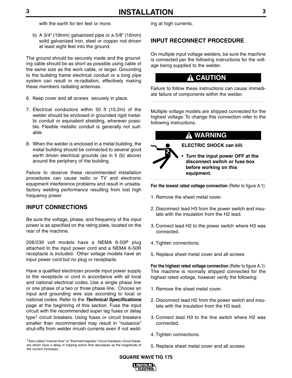 Installation, Caution, Warning | Lincoln Electric IM565 SQUARE WAVE TIG 175 User Manual | Page 10 / 32