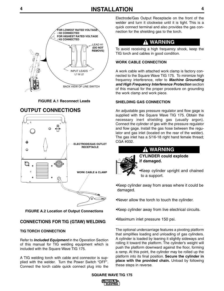 Installation, Warning, Warning output connections | Lincoln Electric IM565 SQUARE WAVE TIG 175 User Manual | Page 11 / 32