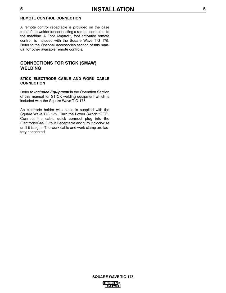 Installation | Lincoln Electric IM565 SQUARE WAVE TIG 175 User Manual | Page 12 / 32