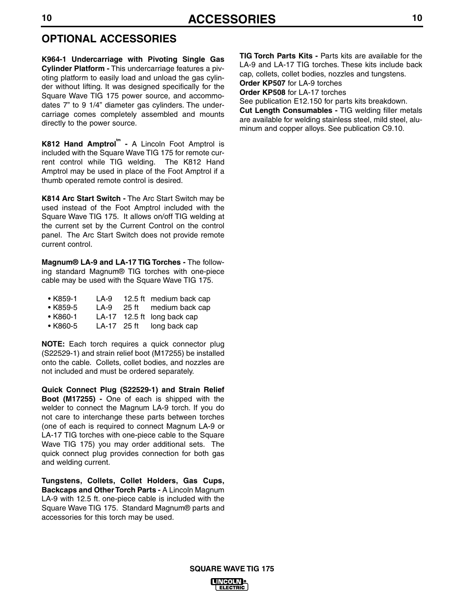 Accessories, Optional accessories | Lincoln Electric IM565 SQUARE WAVE TIG 175 User Manual | Page 17 / 32