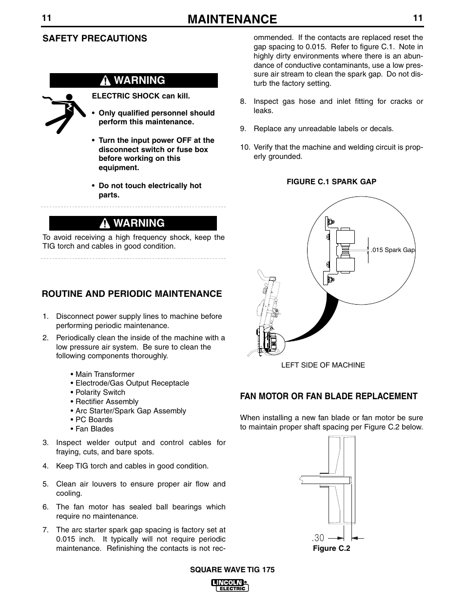 Maintenance, Warning | Lincoln Electric IM565 SQUARE WAVE TIG 175 User Manual | Page 18 / 32