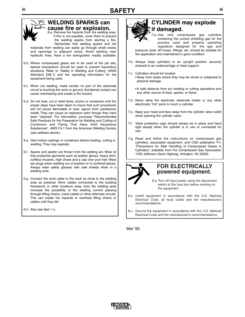 Safety, For electrically powered equipment, Cylinder may explode if damaged | Welding sparks can cause fire or explosion | Lincoln Electric IM565 SQUARE WAVE TIG 175 User Manual | Page 4 / 32