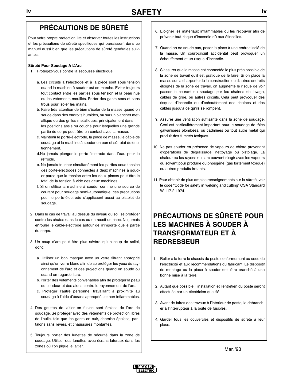 Safety, Précautions de sûreté | Lincoln Electric IM565 SQUARE WAVE TIG 175 User Manual | Page 5 / 32