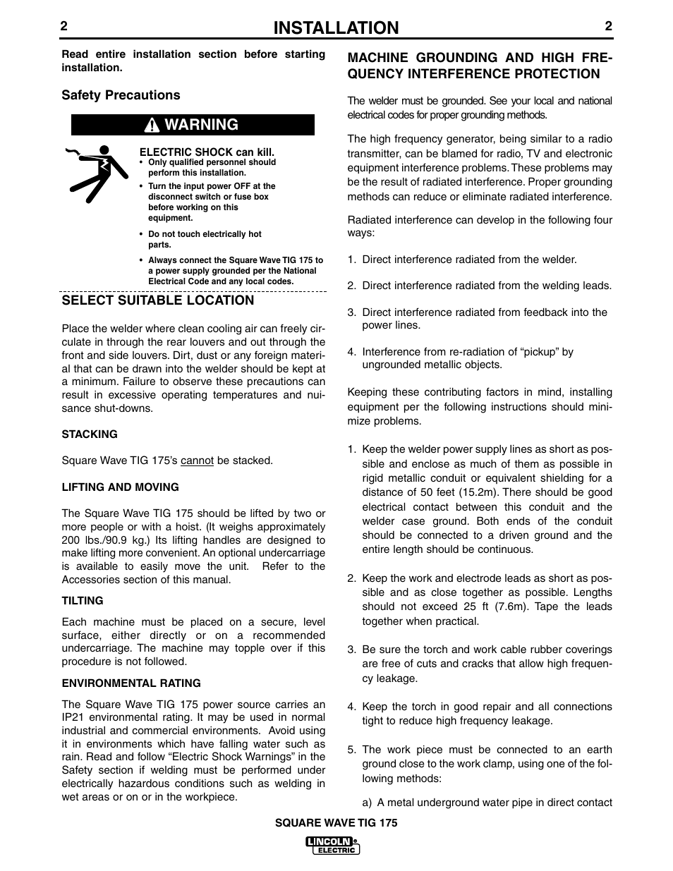 Installation, Warning | Lincoln Electric IM565 SQUARE WAVE TIG 175 User Manual | Page 9 / 32