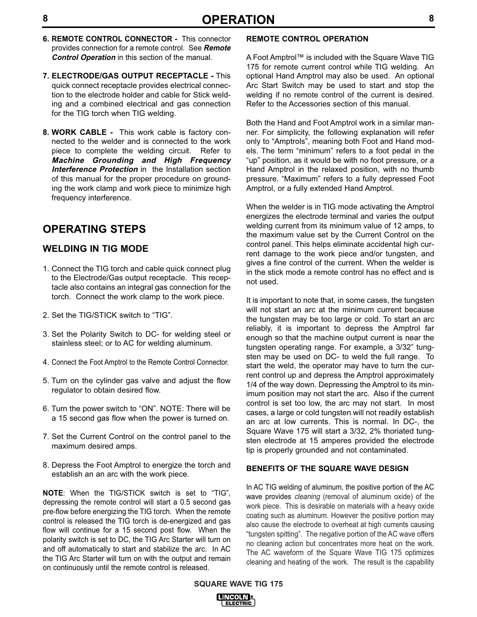 Operation, Operating steps | Lincoln Electric IM605 SQUARE WAVE TIG 175 User Manual | Page 15 / 31