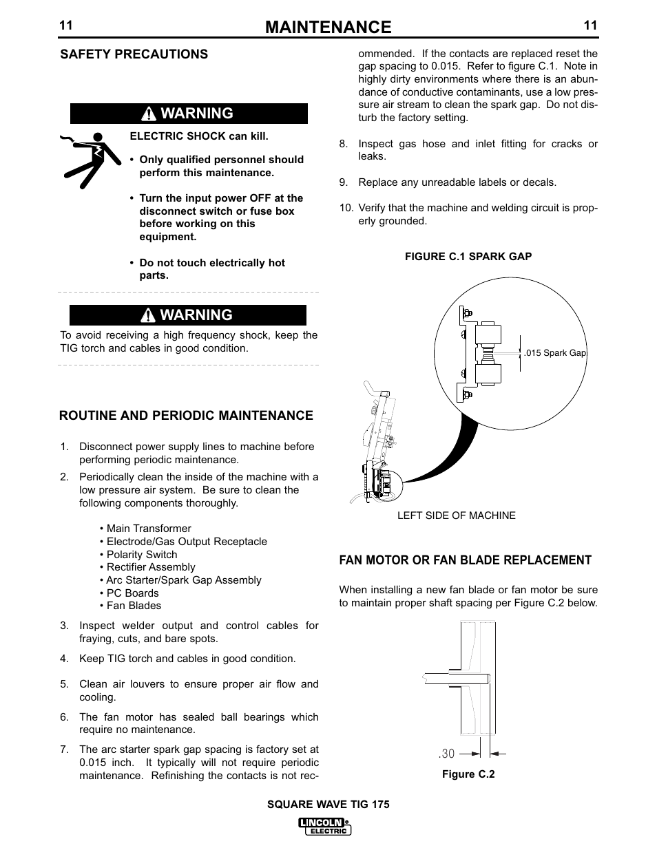 Maintenance, Warning | Lincoln Electric IM605 SQUARE WAVE TIG 175 User Manual | Page 18 / 31