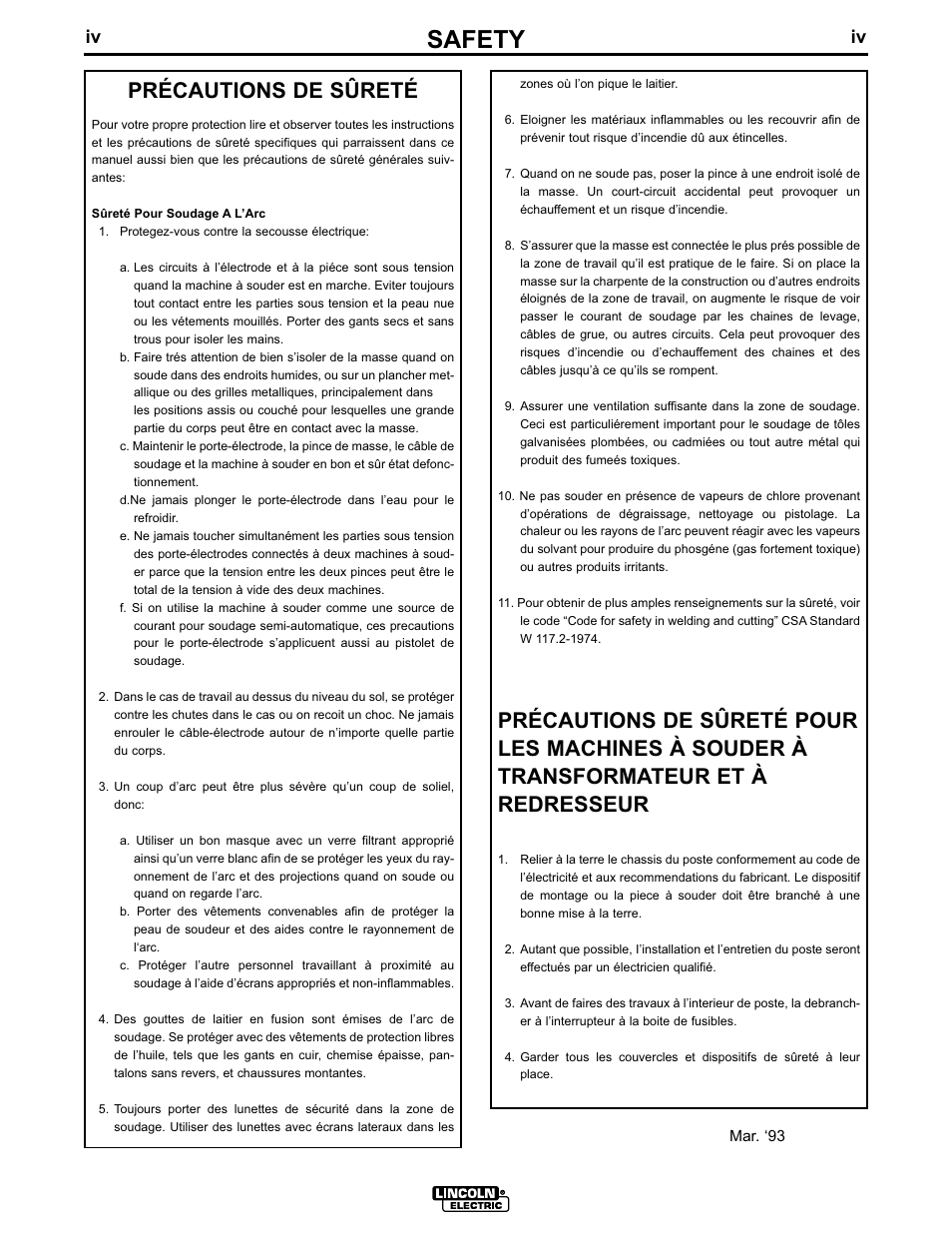 Safety, Précautions de sûreté | Lincoln Electric IM605 SQUARE WAVE TIG 175 User Manual | Page 5 / 31