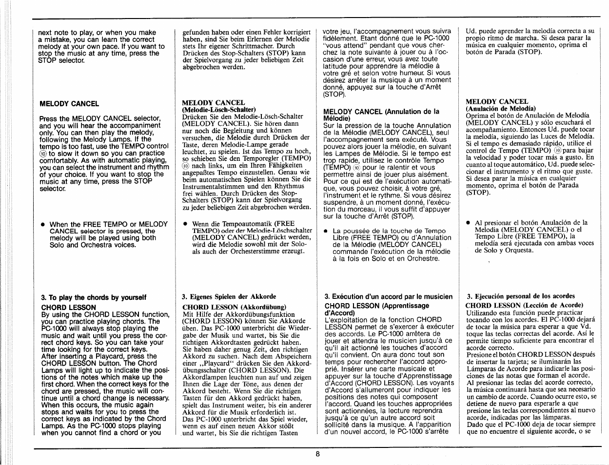 Melody cancel, To play the chords by yourself chord lesson | Yamaha PC-1000 User Manual | Page 10 / 35