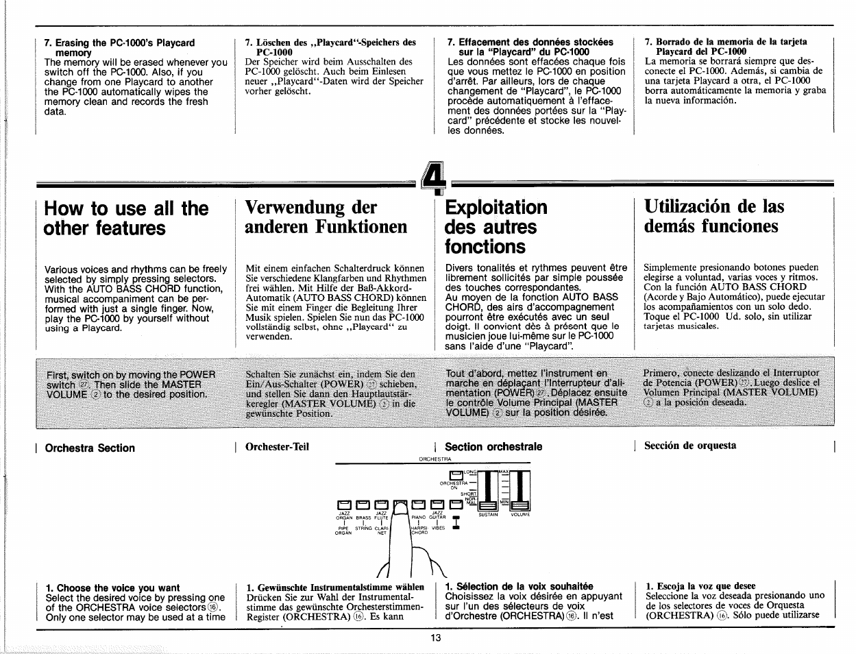 How to use all the other features, Exploitation des autres fonctions, Orchestra section | Section orchestraie, Verwendung der anderen funktionen, Utilización de las demás funciones | Yamaha PC-1000 User Manual | Page 15 / 35