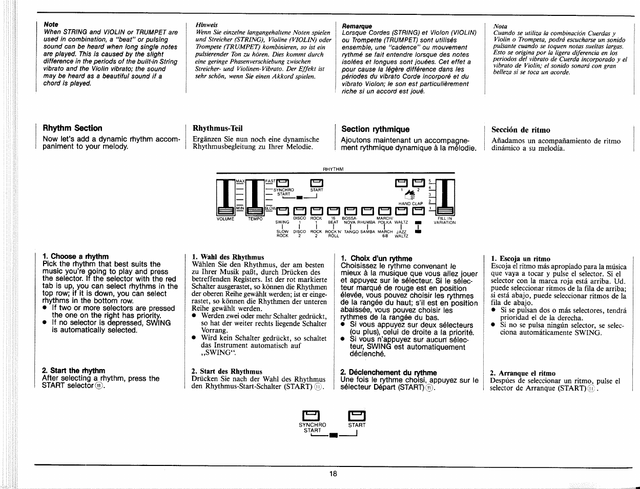 Rhythm section, Rhythmus-teil, Section rythmique | Sección de ritmo, Choose a rhythm, Start the rhythm, Choix d’un rythme, Déclenchement du rythme, F=1 ej, Remarque | Yamaha PC-1000 User Manual | Page 20 / 35