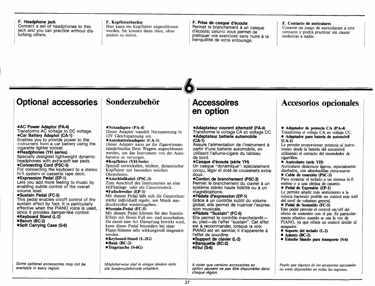 F. headphone jack, F. prise de casque d’écoute, Optional accessories | Ac power adaptor (pa-4), Headphones (yh series), Sustain pedai (fc-5), Bench (bc-2), Soft carrying case (s-6), Accessoires en option, Adaptateur courant alternatif (pa-4) | Yamaha PC-1000 User Manual | Page 29 / 35