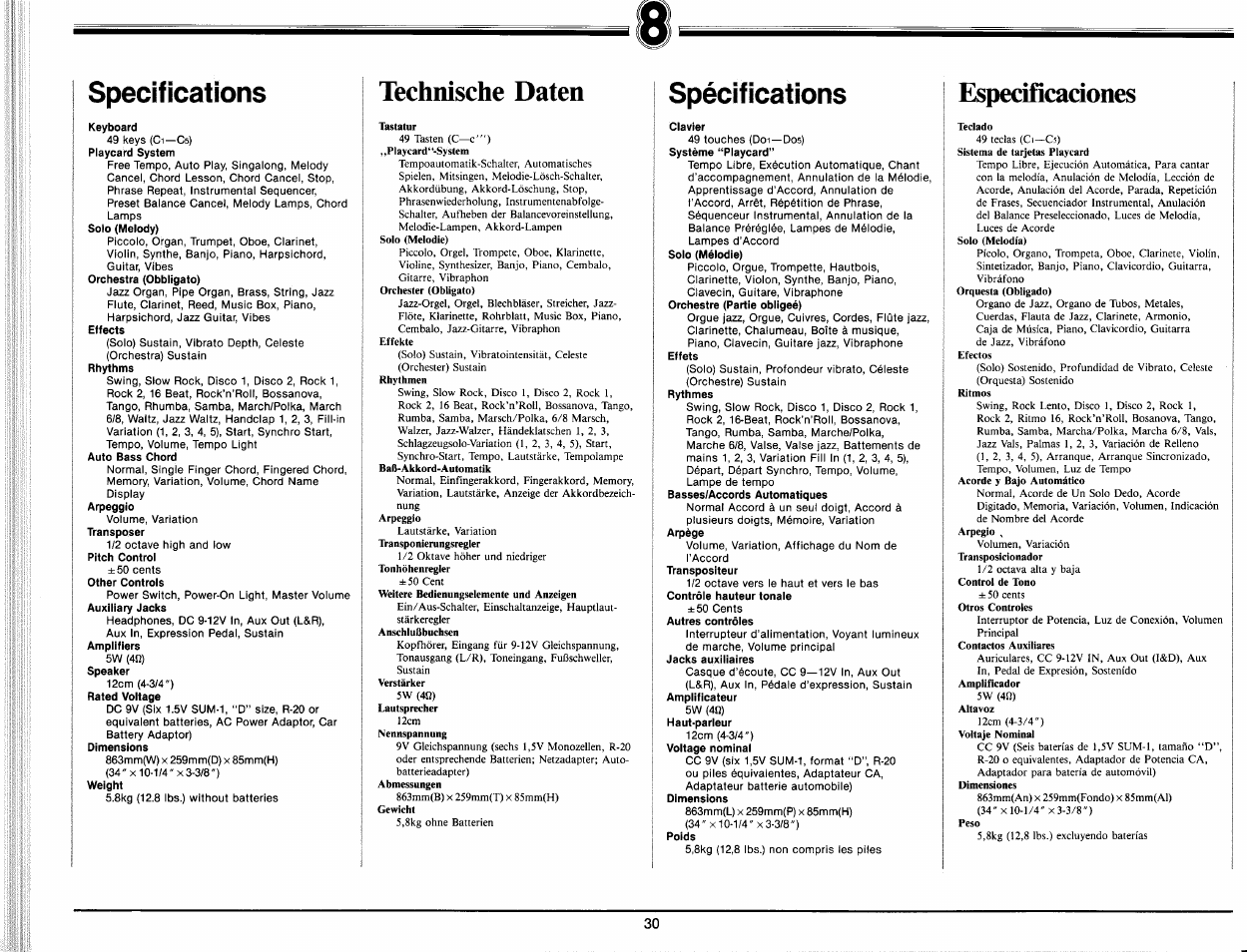 Technische daten, Especificaciones, Specifications | Spécifications | Yamaha PC-1000 User Manual | Page 32 / 35