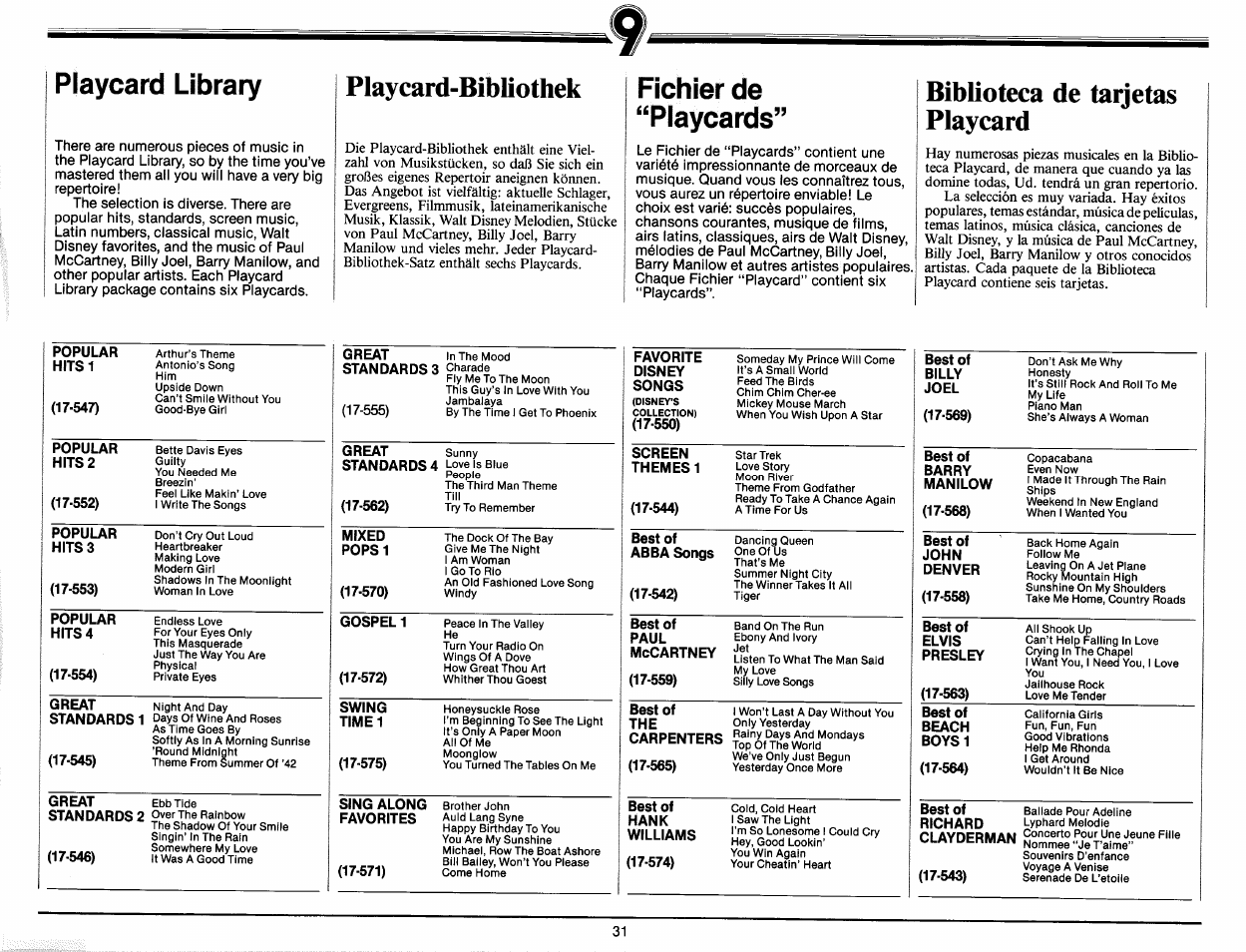 Playcard library, Fichier de “playcards, Playcard-bibliothek | Biblioteca de tarjetas playcard | Yamaha PC-1000 User Manual | Page 33 / 35