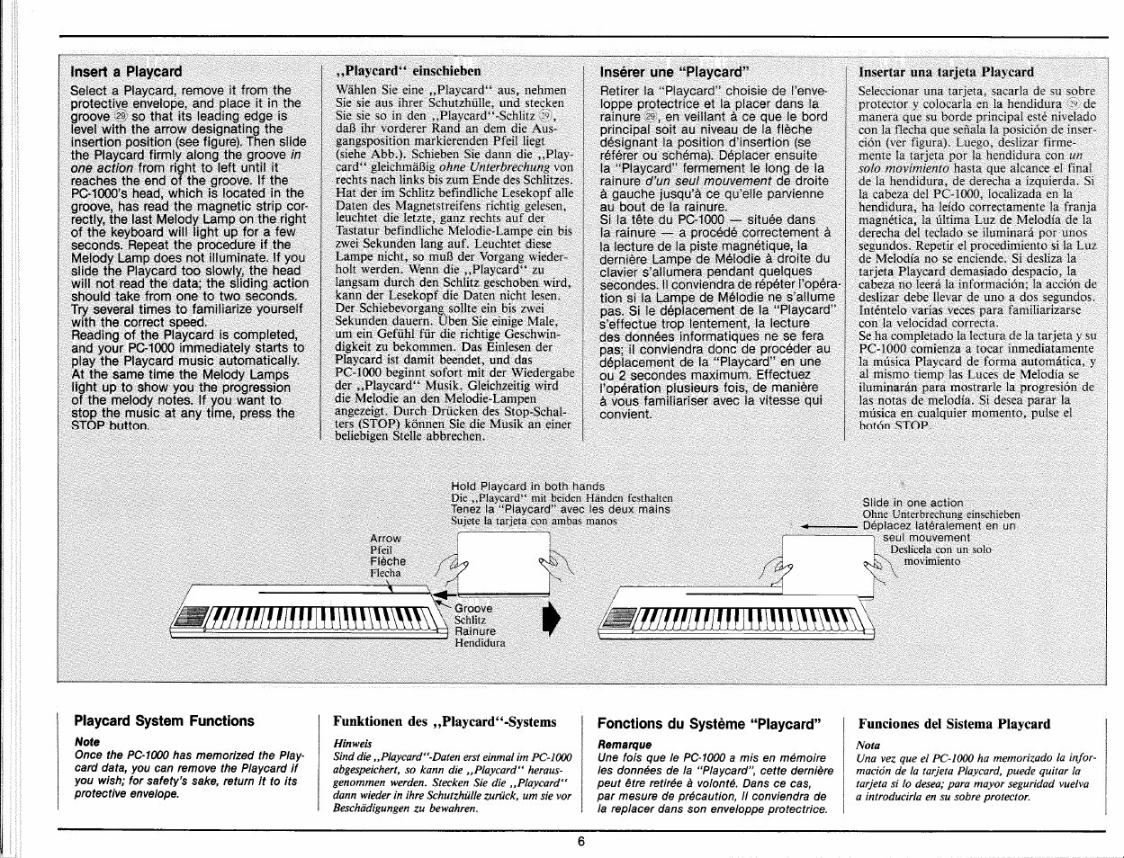 Insert a playcard, Insérer une “playcard, Playcard system functions | Fonctions du système “playcard, Remarque | Yamaha PC-1000 User Manual | Page 8 / 35