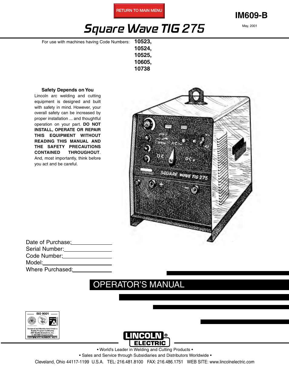 Lincoln Electric IM609 SQUARE WAVE TIG 275 User Manual | 46 pages