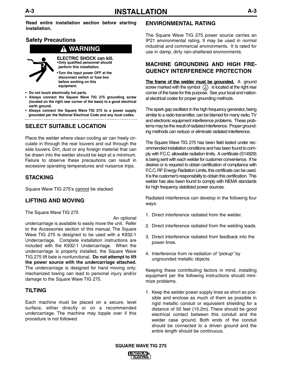 Installation, Warning | Lincoln Electric IM609 SQUARE WAVE TIG 275 User Manual | Page 10 / 46