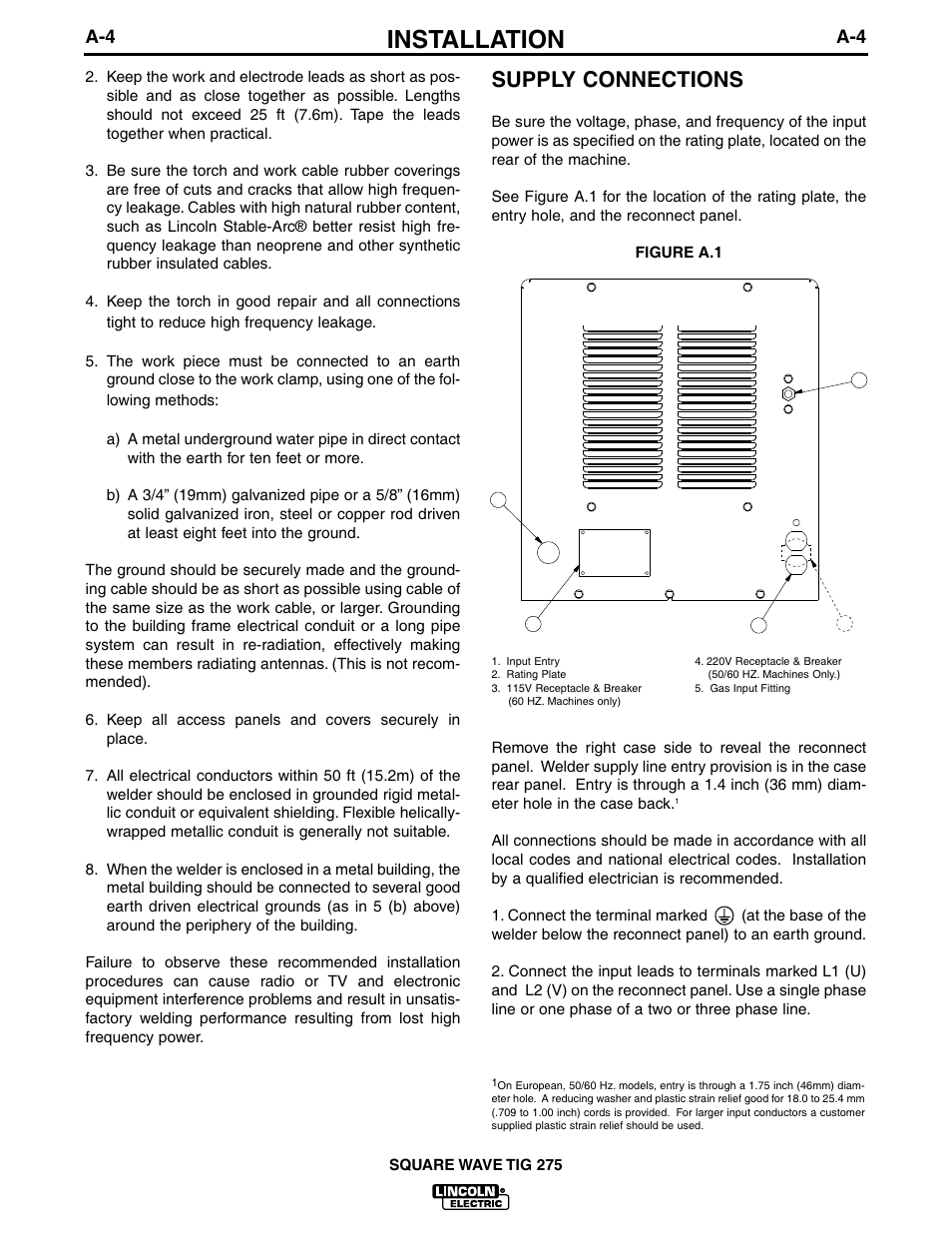 Installation, Supply connections | Lincoln Electric IM609 SQUARE WAVE TIG 275 User Manual | Page 11 / 46