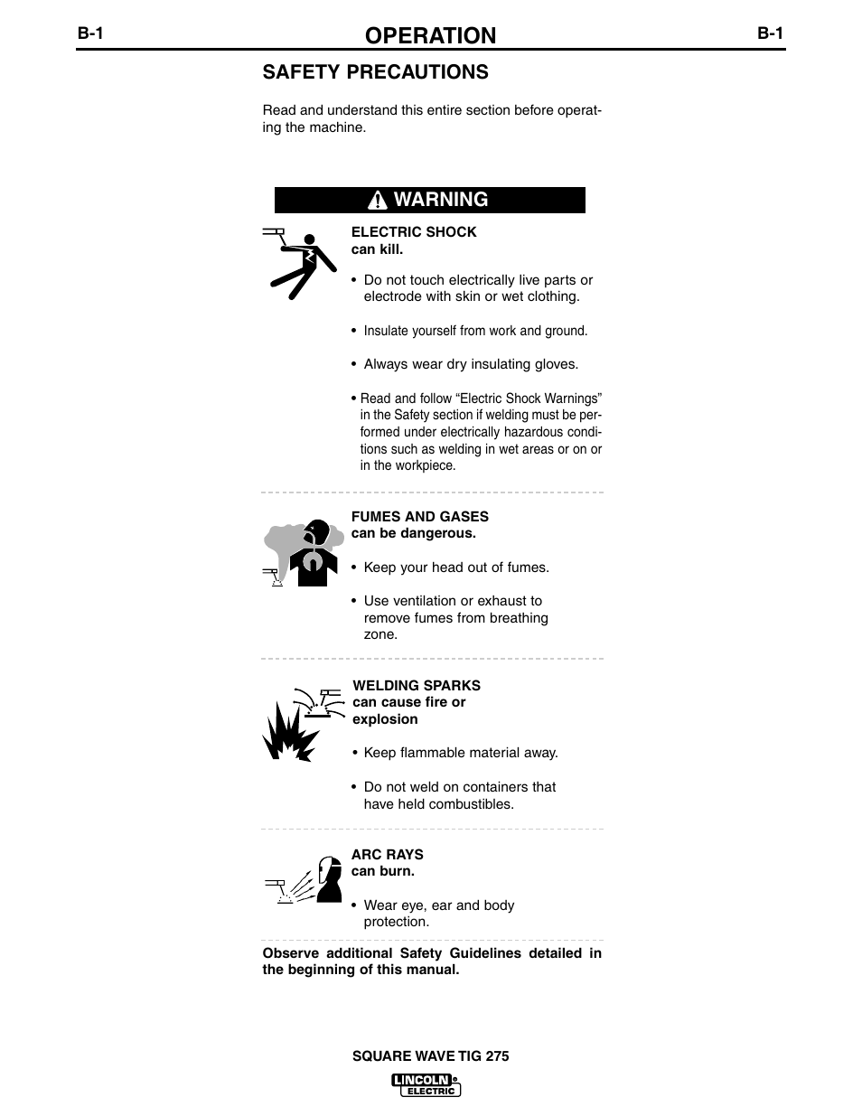 Operation, Safety precautions, Warning | Lincoln Electric IM609 SQUARE WAVE TIG 275 User Manual | Page 18 / 46