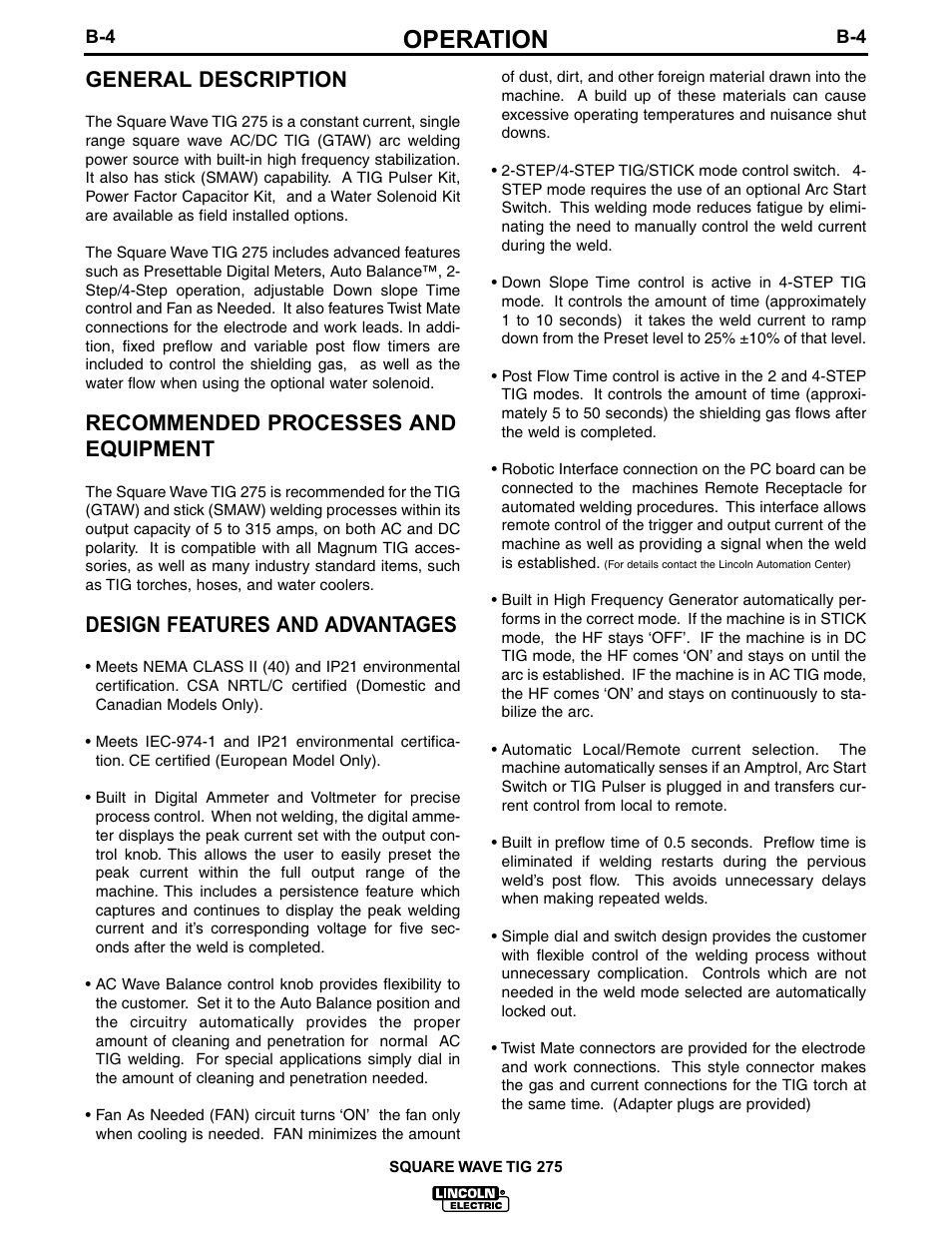 Operation, General description, Recommended processes and equipment | Design features and advantages | Lincoln Electric IM609 SQUARE WAVE TIG 275 User Manual | Page 21 / 46