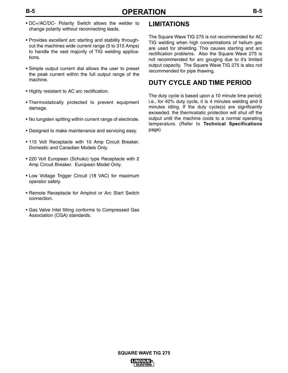 Operation, Limitations, Duty cycle and time period | Lincoln Electric IM609 SQUARE WAVE TIG 275 User Manual | Page 22 / 46