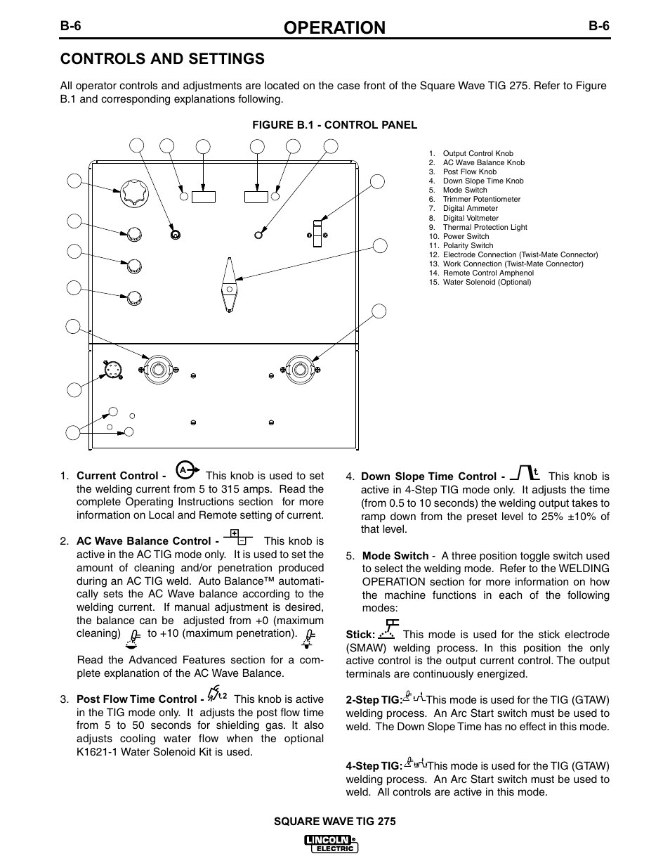 Operation, Controls and settings | Lincoln Electric IM609 SQUARE WAVE TIG 275 User Manual | Page 23 / 46