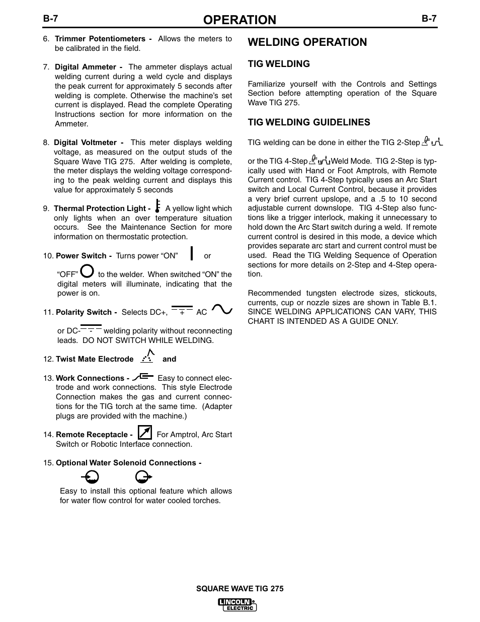 Operation, Welding operation | Lincoln Electric IM609 SQUARE WAVE TIG 275 User Manual | Page 24 / 46