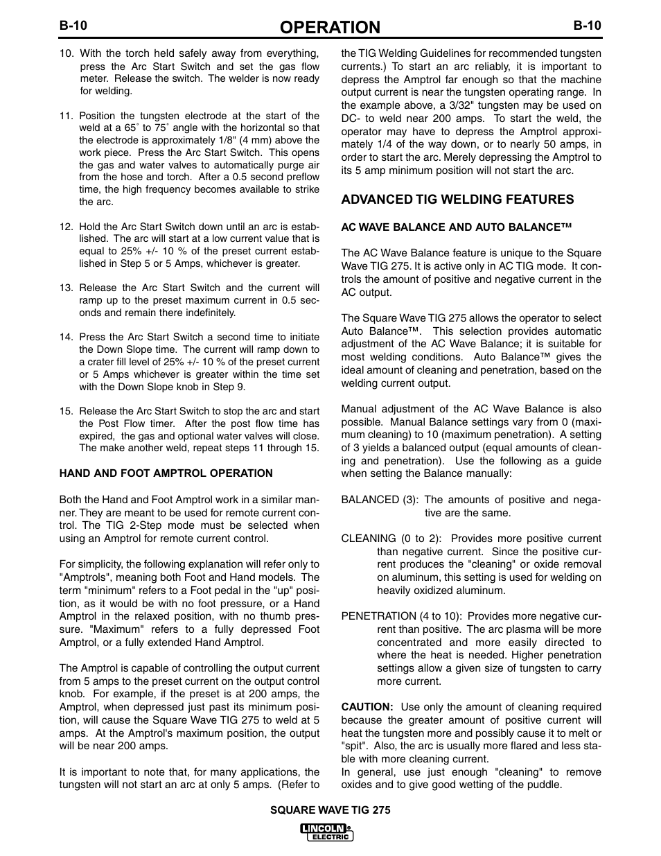 Operation | Lincoln Electric IM609 SQUARE WAVE TIG 275 User Manual | Page 27 / 46