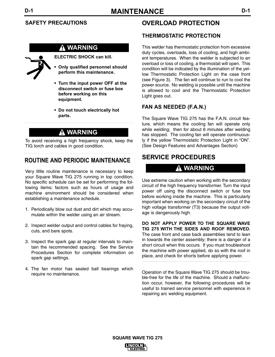 Maintenance, Service procedures, Warning | Lincoln Electric IM609 SQUARE WAVE TIG 275 User Manual | Page 30 / 46