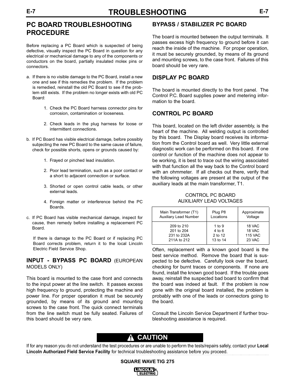 Troubleshooting, Caution pc board troubleshooting procedure, Input - bypass pc board | Bypass / stabilizer pc board, Display pc board, Control pc board | Lincoln Electric IM609 SQUARE WAVE TIG 275 User Manual | Page 38 / 46