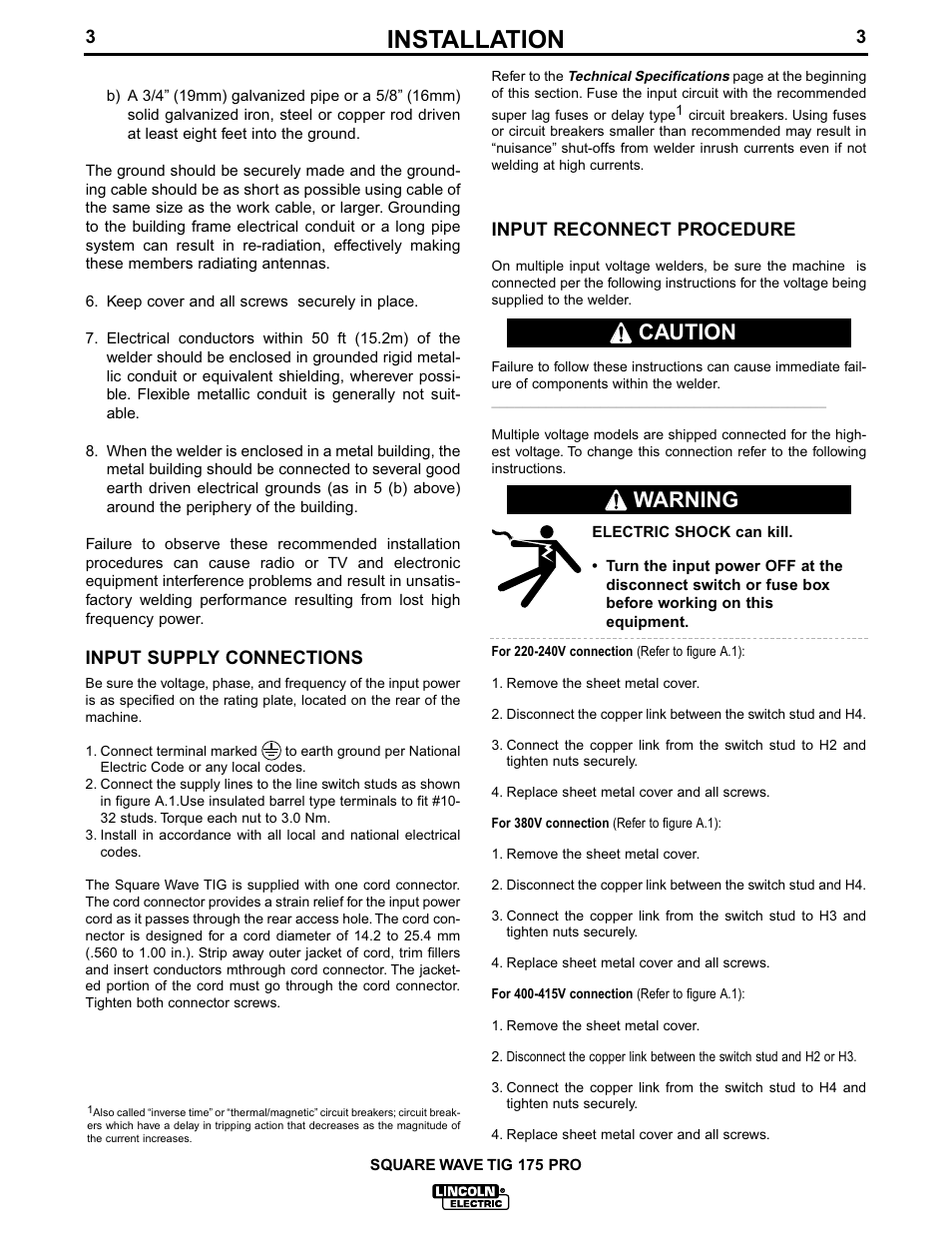 Installation, Caution, Warning | Lincoln Electric IM688 SQUARE WAVE TIG 175PRO User Manual | Page 10 / 32