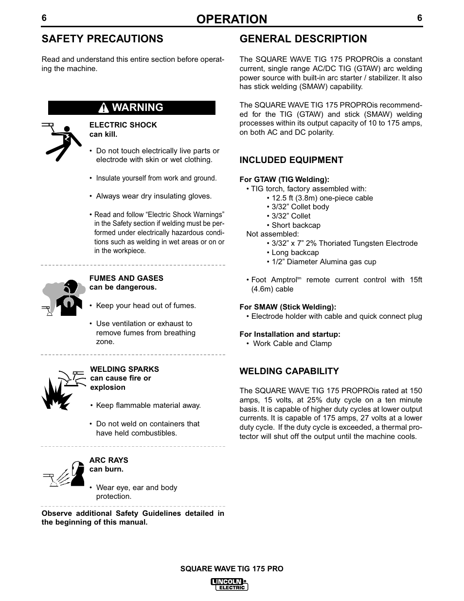 Operation, General description, Safety precautions | Warning | Lincoln Electric IM688 SQUARE WAVE TIG 175PRO User Manual | Page 13 / 32