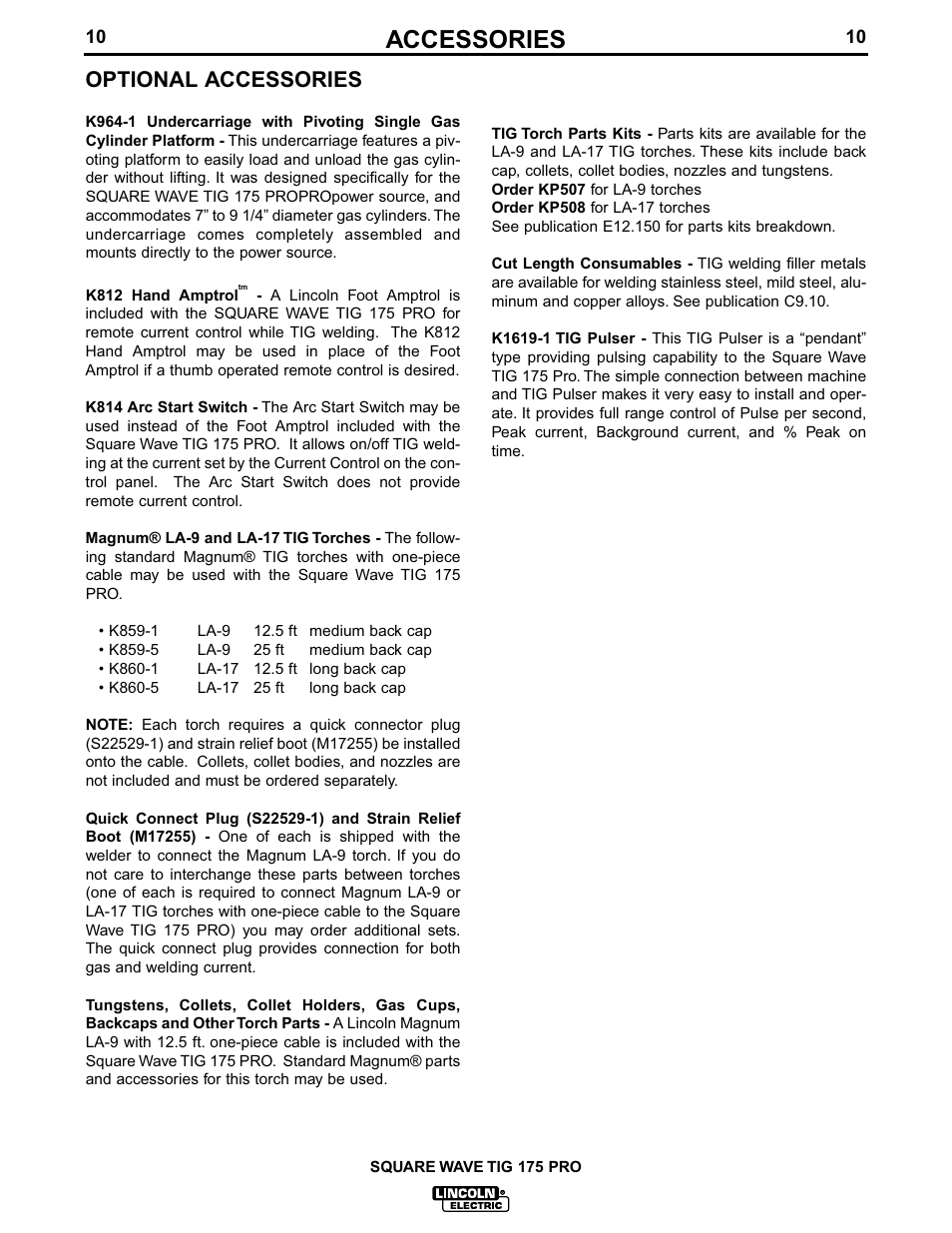 Accessories, Optional accessories | Lincoln Electric IM688 SQUARE WAVE TIG 175PRO User Manual | Page 17 / 32