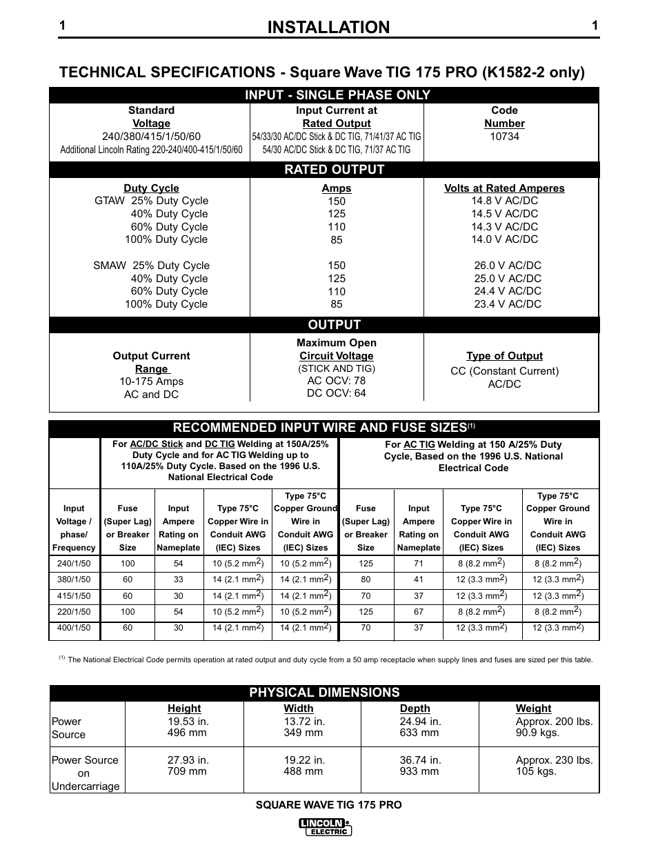 Installation, Physical dimensions | Lincoln Electric IM688 SQUARE WAVE TIG 175PRO User Manual | Page 8 / 32