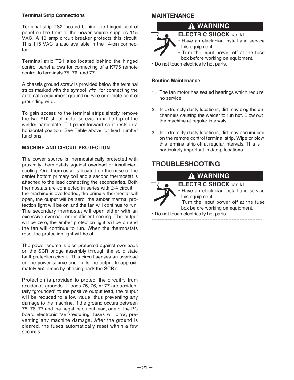 Warning, Troubleshooting | Lincoln Electric IM480 CV-400 User Manual | Page 21 / 34