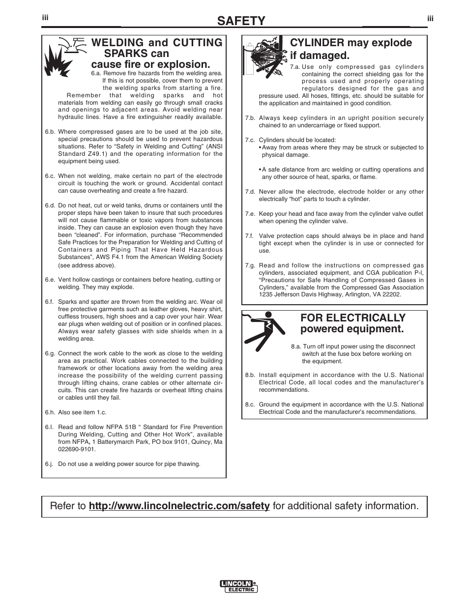 Safety, For electrically powered equipment, Cylinder may explode if damaged | Lincoln Electric IM480 CV-400 User Manual | Page 4 / 34