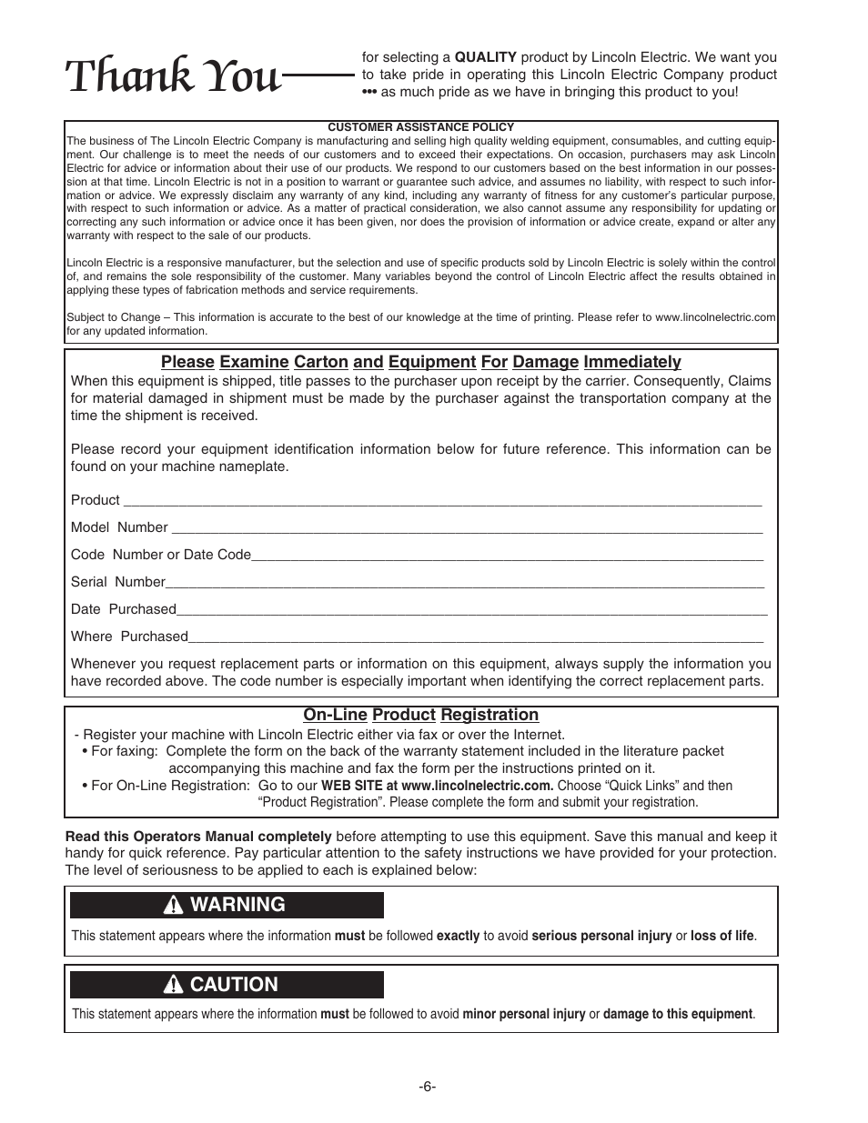 Warning, Caution | Lincoln Electric IM480 CV-400 User Manual | Page 6 / 34