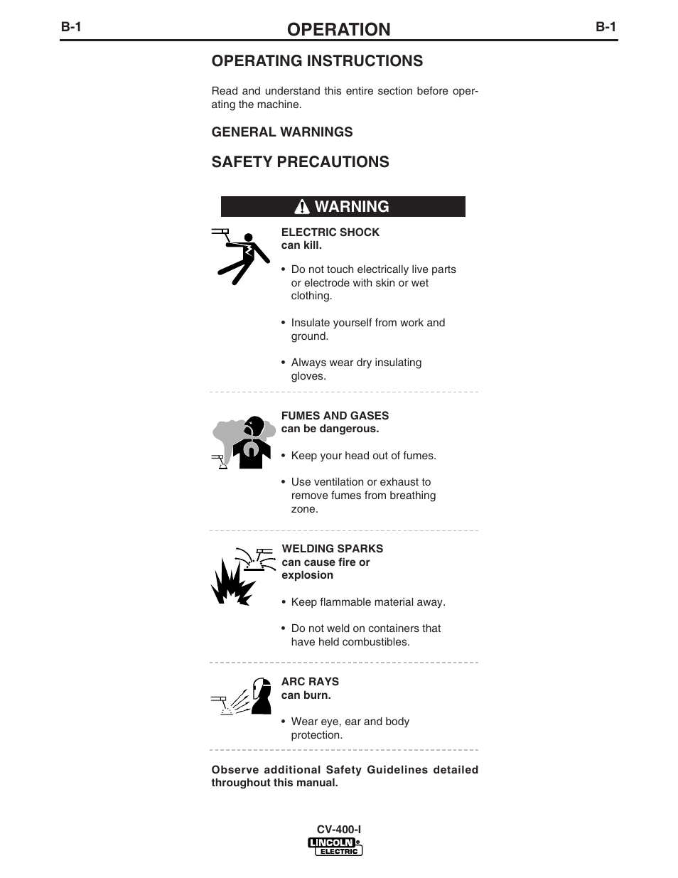 Operation, Operating instructions, Safety precautions | Warning | Lincoln Electric IM501 IDEALARC CV400-I User Manual | Page 12 / 44