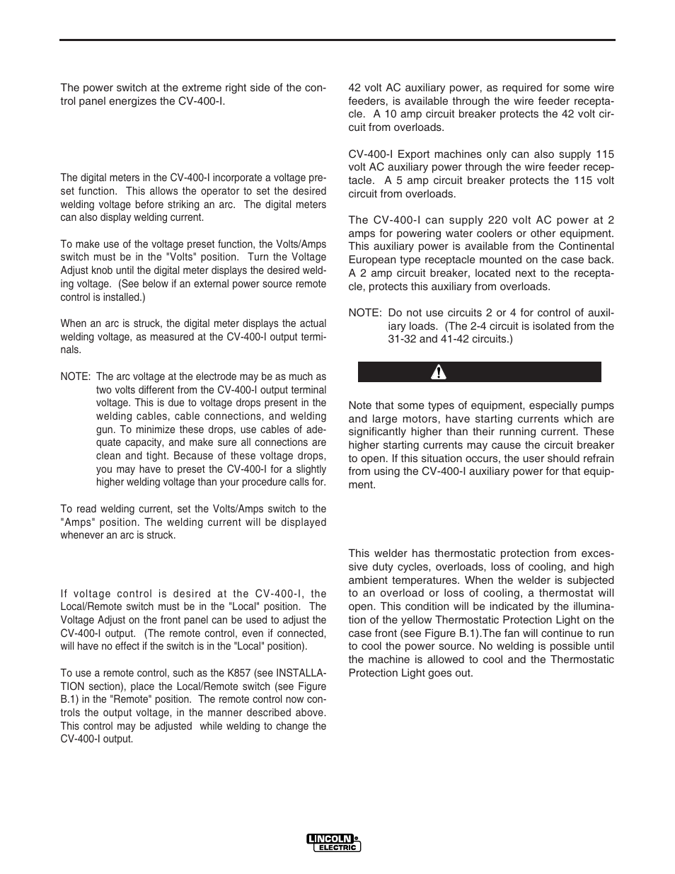 Operation, Starting the machine, Local/remote switch operation | Auxiliary power, Overload protection, Caution | Lincoln Electric IM501 IDEALARC CV400-I User Manual | Page 18 / 44