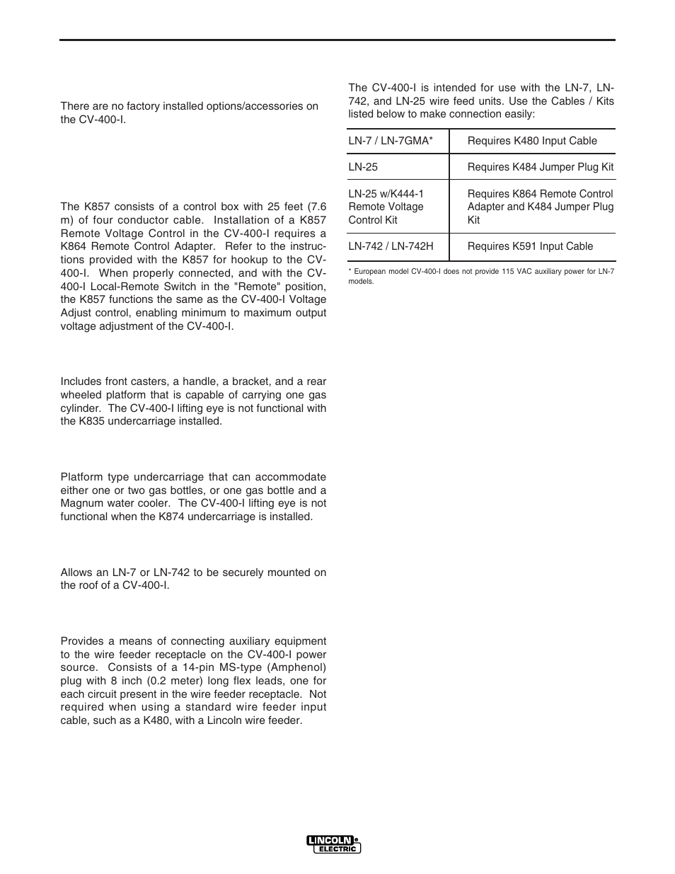 Accessories, Factory installed options/accessories, Field installed options | Compatible lincoln equipment | Lincoln Electric IM501 IDEALARC CV400-I User Manual | Page 19 / 44